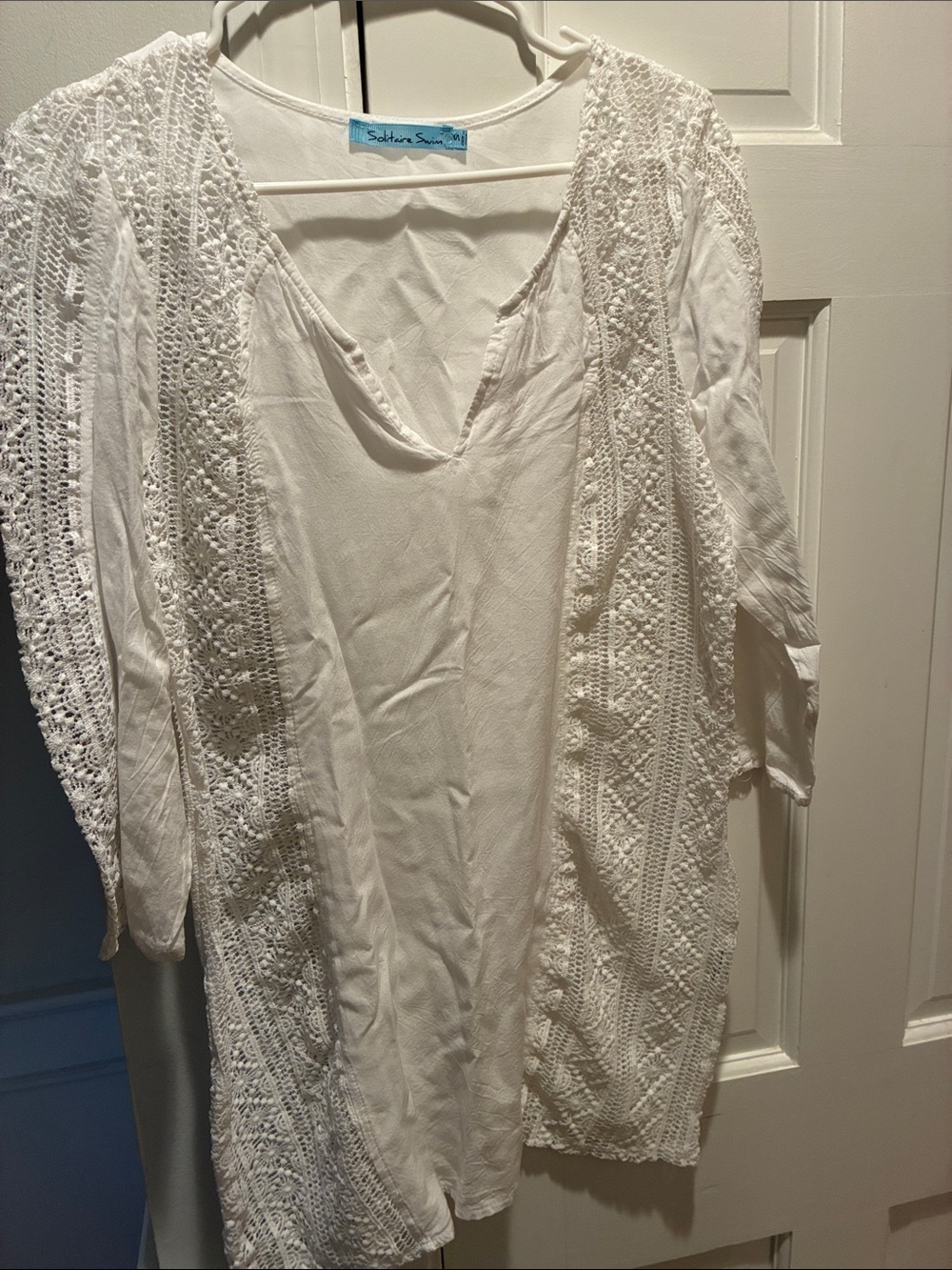Solitaire White Crochet-Trim V-Neck Beach Coverup